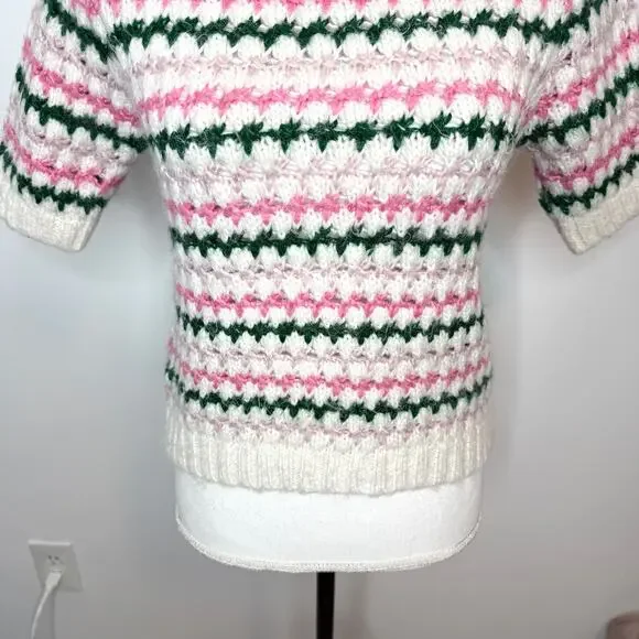 ZARA Crochet Knit Cropped Pastel Short Sleeve Sweater In Cream Pink Size Small - Picture 3 of 10